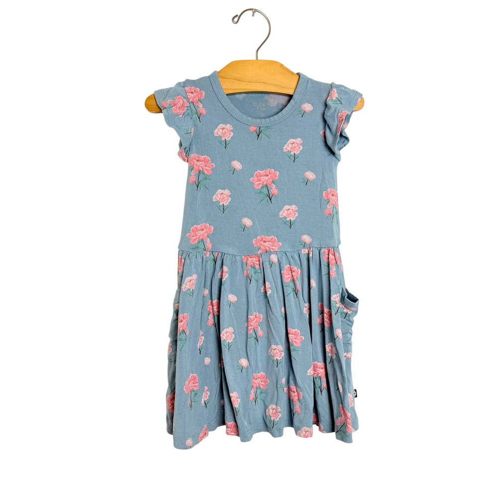 Kyte Baby Peony Floral Flutter Sleeve Bamboo Dress Blue Pink Toddler 2T
